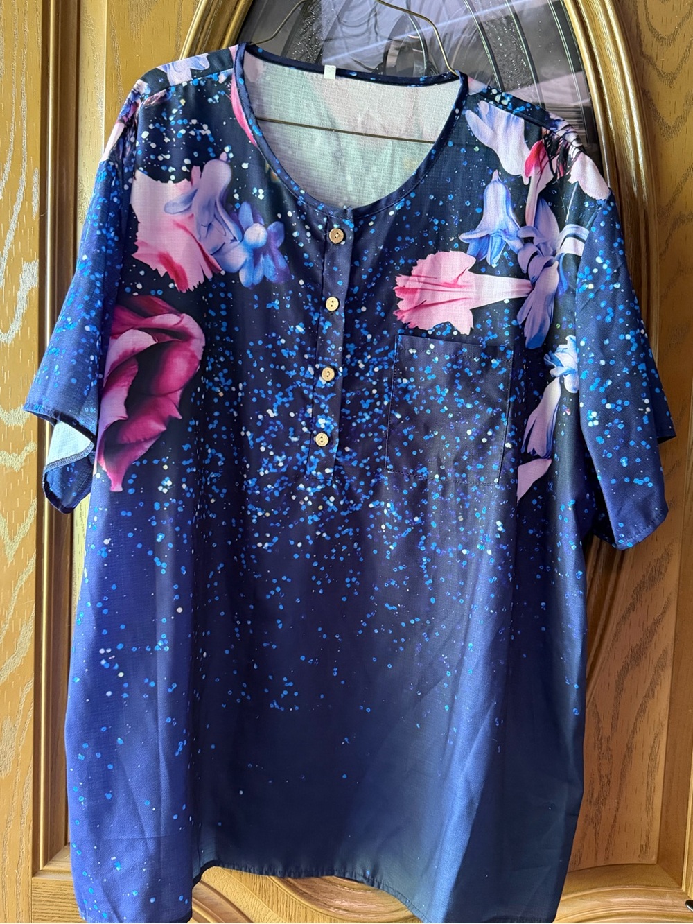 Women’s Navy Blue Floral Button Henley Top